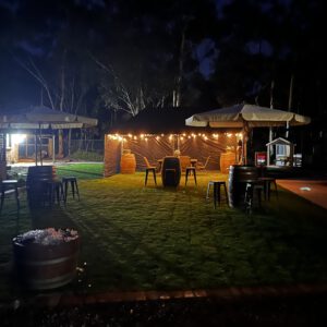 Interior festoon lights enhancing a marquee setup for Melbourne and Bendigo events.