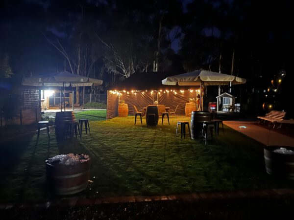 Interior festoon lights enhancing a marquee setup for Melbourne and Bendigo events.