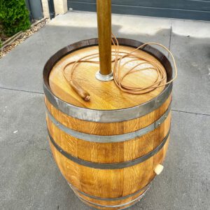 Full 300L wine barrel used as rustic decor at a Melbourne and Bendigo event.